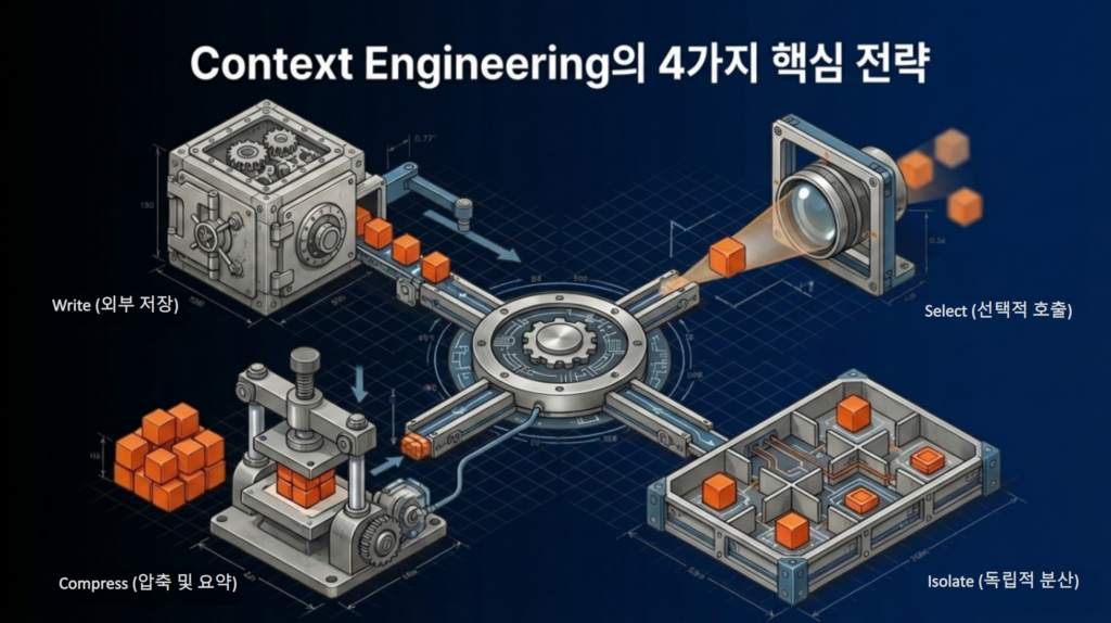 Context Engineering 4가지 전략을 설명하기 위해 AI 도구를 활용해 생성한 이미지입니다.